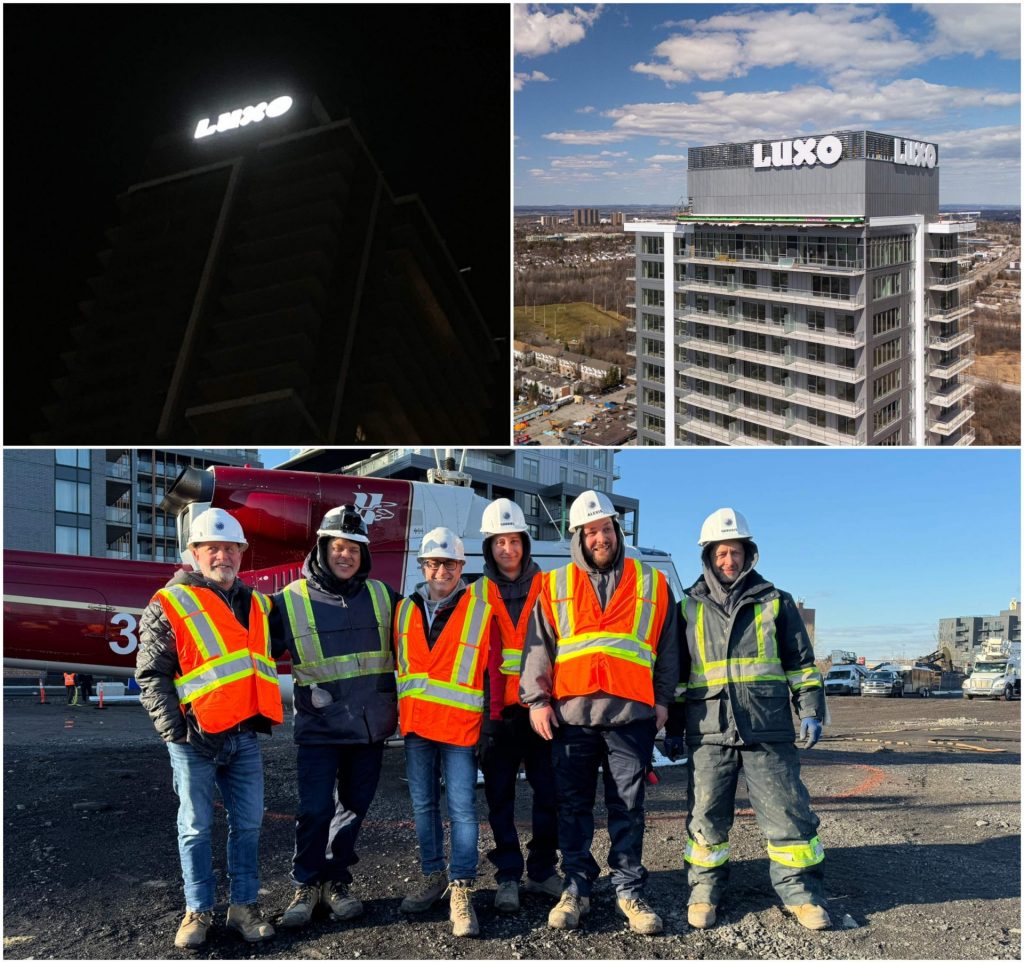 A collage of the sign in the day and illuminated at night, along with the team behind the project. 