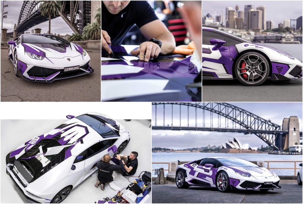 Collage of a white and purple Lamborghini with a custom wrap, showing close-ups, wrapping process, and city bridge backdrop
