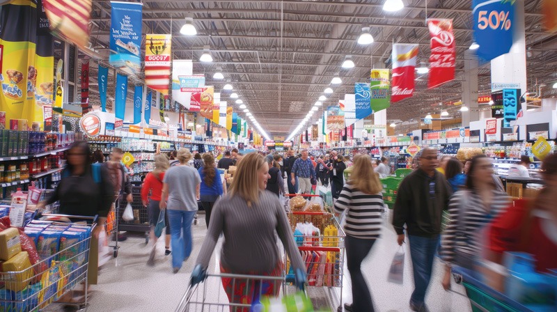A stock image of people shopping with several POP banners on display.