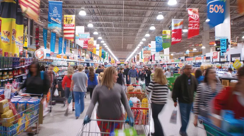 A stock image of people shopping with several POP banners on display.