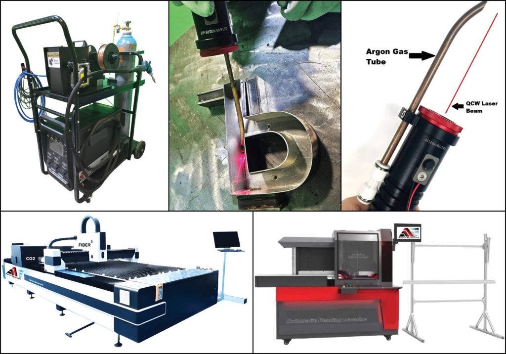 A collage of industrial laser welding and cutting machinery, including a handheld laser welder, flatbed cutter, and bending machine.
