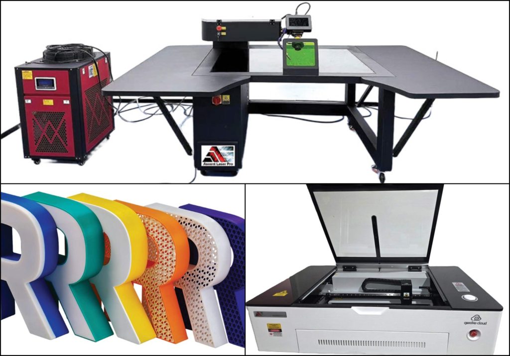 A collage of laser cutting equipment and colourful dimensional letter signage samples in various materials.