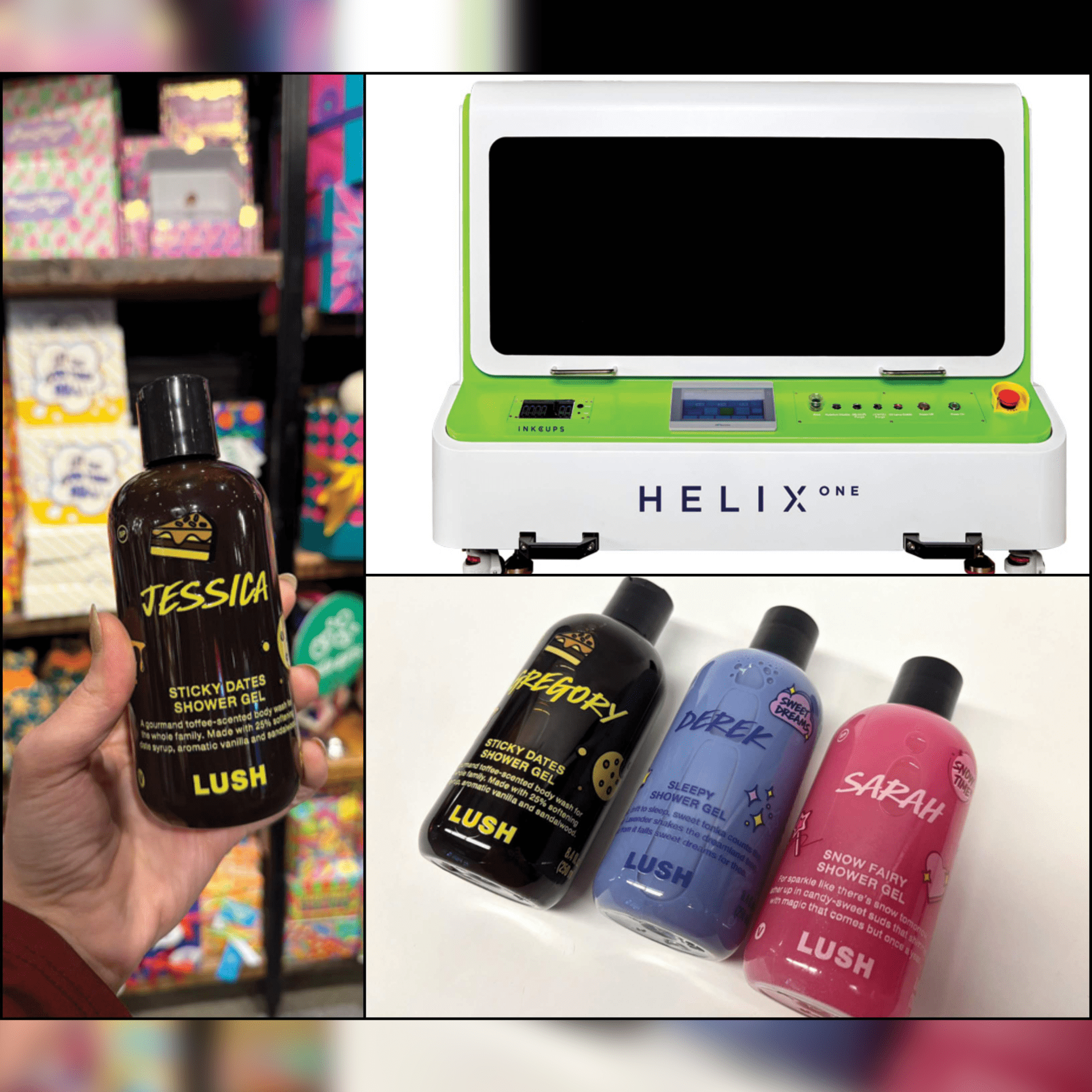 A collage of customized Lush shower gel bottles with names next to a Helix One personalized printing machine.