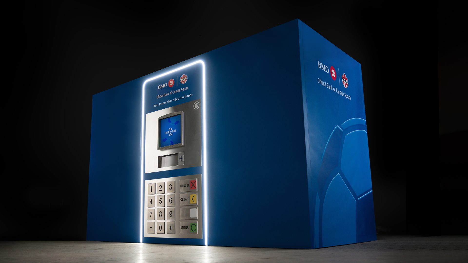 BMO "Hands-Free ATM" machine in blue branding, co-branded with Canada Soccer