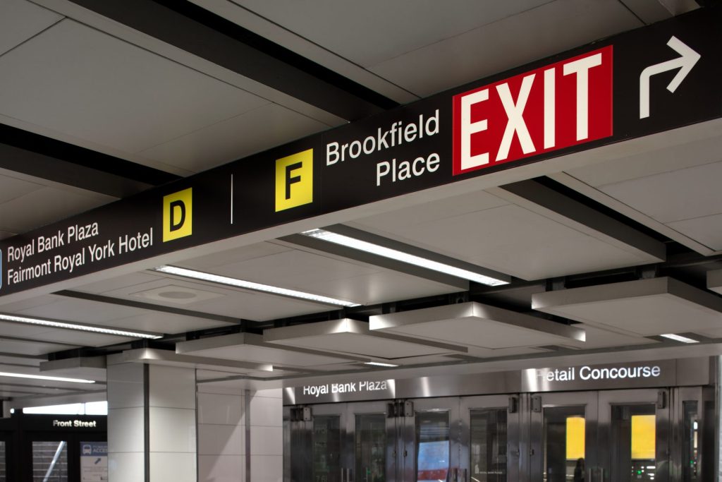 Navigation signs seen at one entrance/exit point at Union Station. 