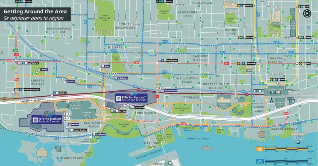 Map showing Toronto area transit routes, parks, landmarks, and FIFA Fan Festival location near Toronto Stadium and Union Station.
