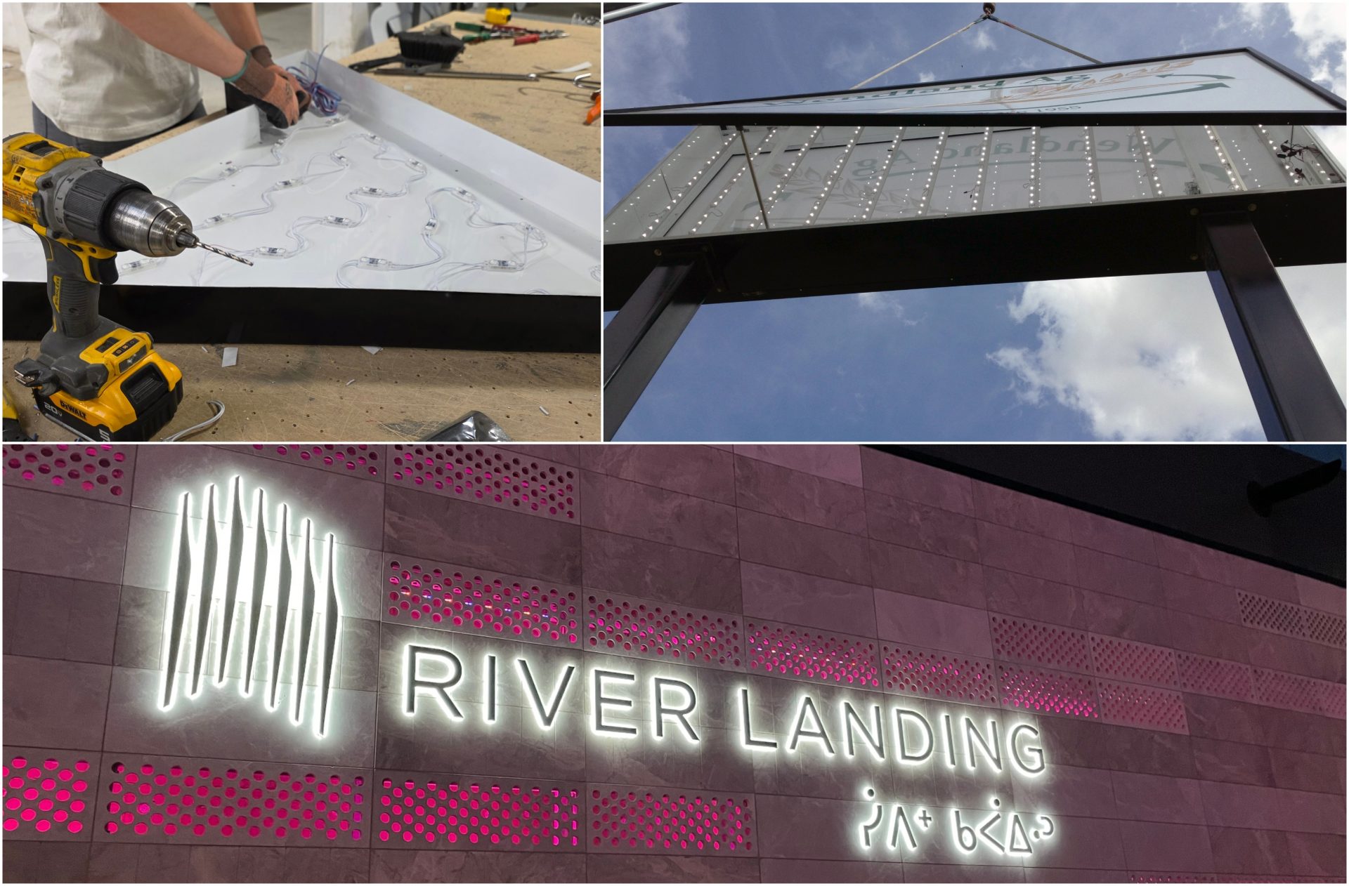 Collage of images showing LED sign assembly, installation, and illuminated "RIVER LANDING" sign on a building facade at dusk.