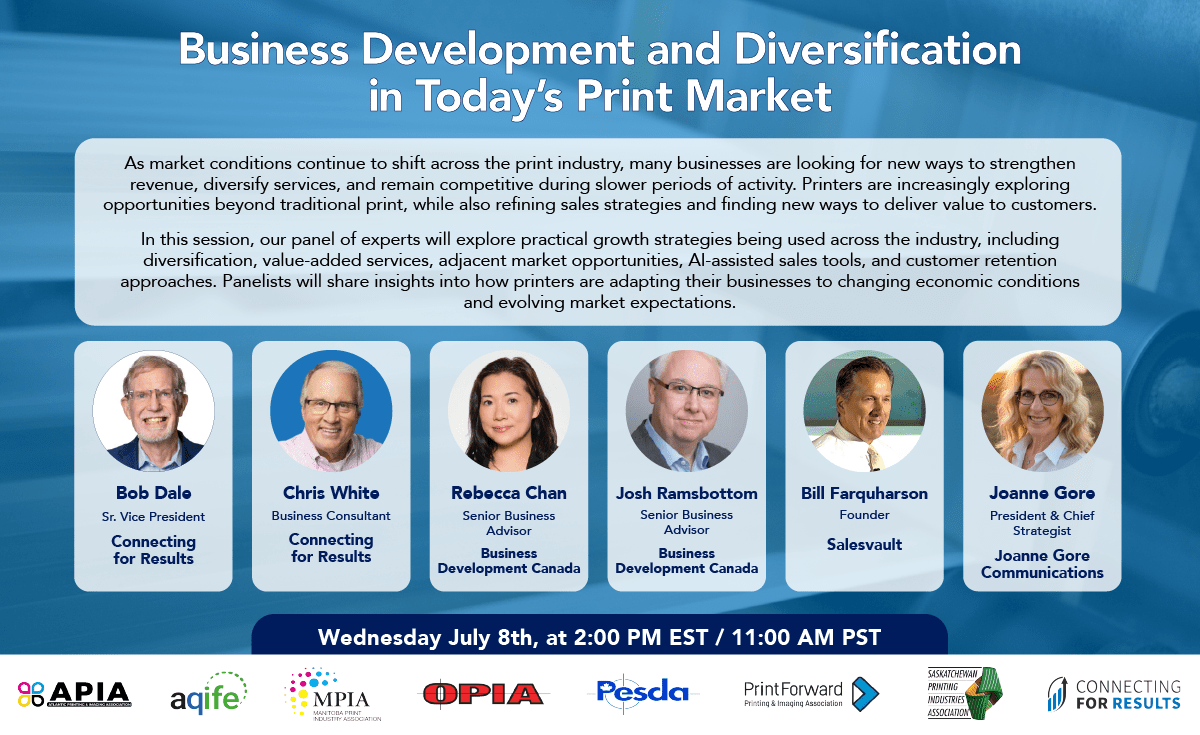 Webinar details on business development and diversification in the print market with expert panelists, date, time, and sponsor logos.