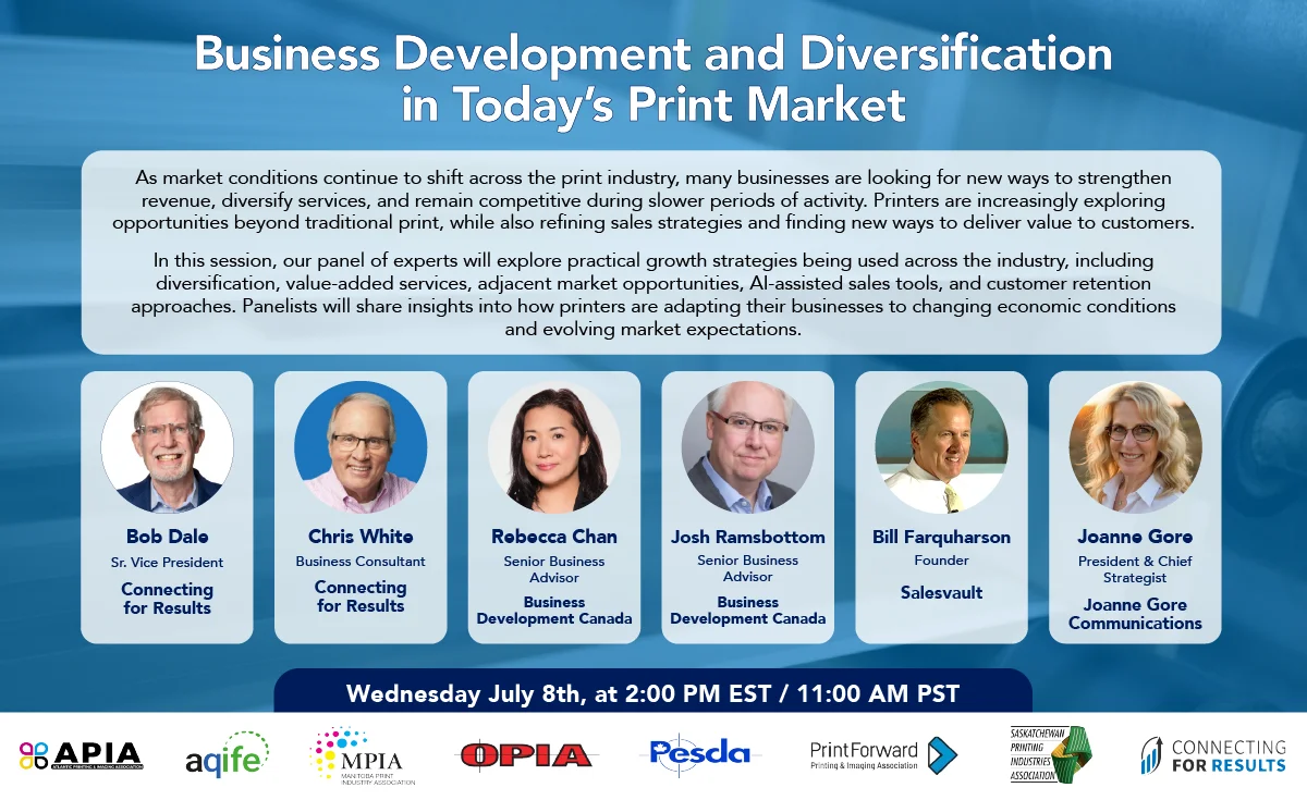 Webinar details on business development and diversification in the print market with expert panelists, date, time, and sponsor logos.