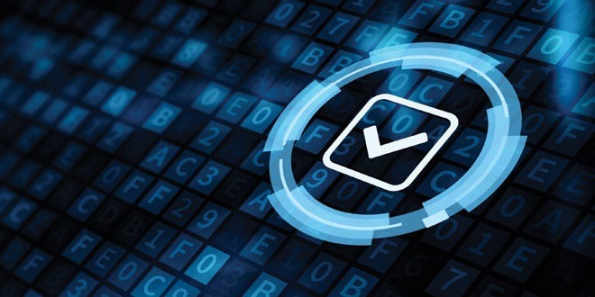 Digital security concept with a glowing checkmark icon over a background of blue hexadecimal code blocks.