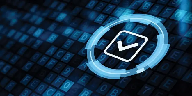 Digital security concept with a glowing checkmark icon over a background of blue hexadecimal code blocks.