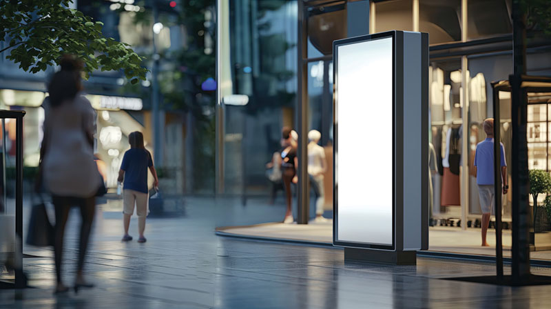 Blank vertical digital advertising display stands on a city sidewalk near shops with people walking by in the evening.
