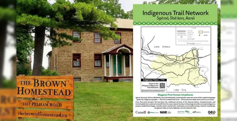 The Brown Homestead, a stone heritage building at 1317 Pelham Road, shown beside the 'Indigenous Trail Network' interpretive poster featuring a map of pre-1770 Indigenous trails in the Niagara region.