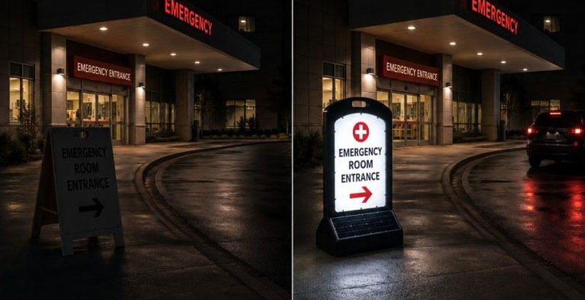 Side-by-side comparison of an unlit vs. illuminated "Emergency Room Entrance" A-frame sign outside a hospital at night, showing the solar sign's visibility improvement.