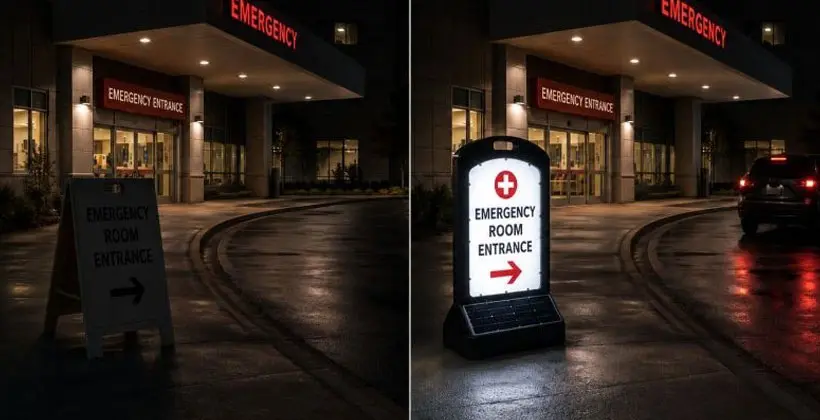 Side-by-side comparison of an unlit vs. illuminated "Emergency Room Entrance" A-frame sign outside a hospital at night, showing the solar sign's visibility improvement.