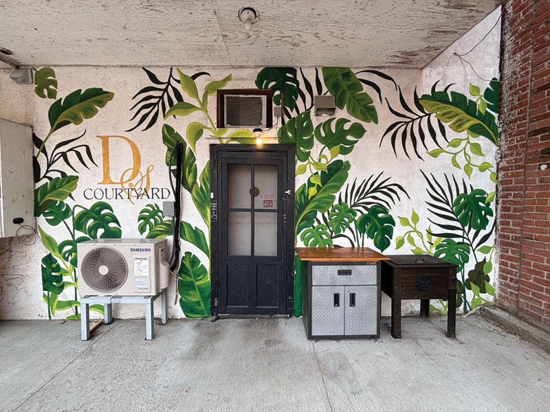 A tropical leaf mural covers a courtyard wall behind a black door, reading "D&S Courtyard."
