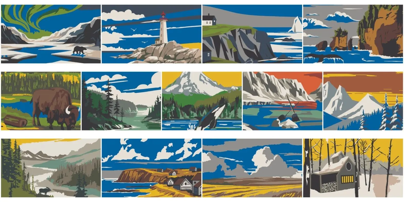 Canadiana Block mural artwork composed of 13 stylized, flat-colour illustrated panels arranged in three rows, each panel depicting a distinct Canadian landscape.