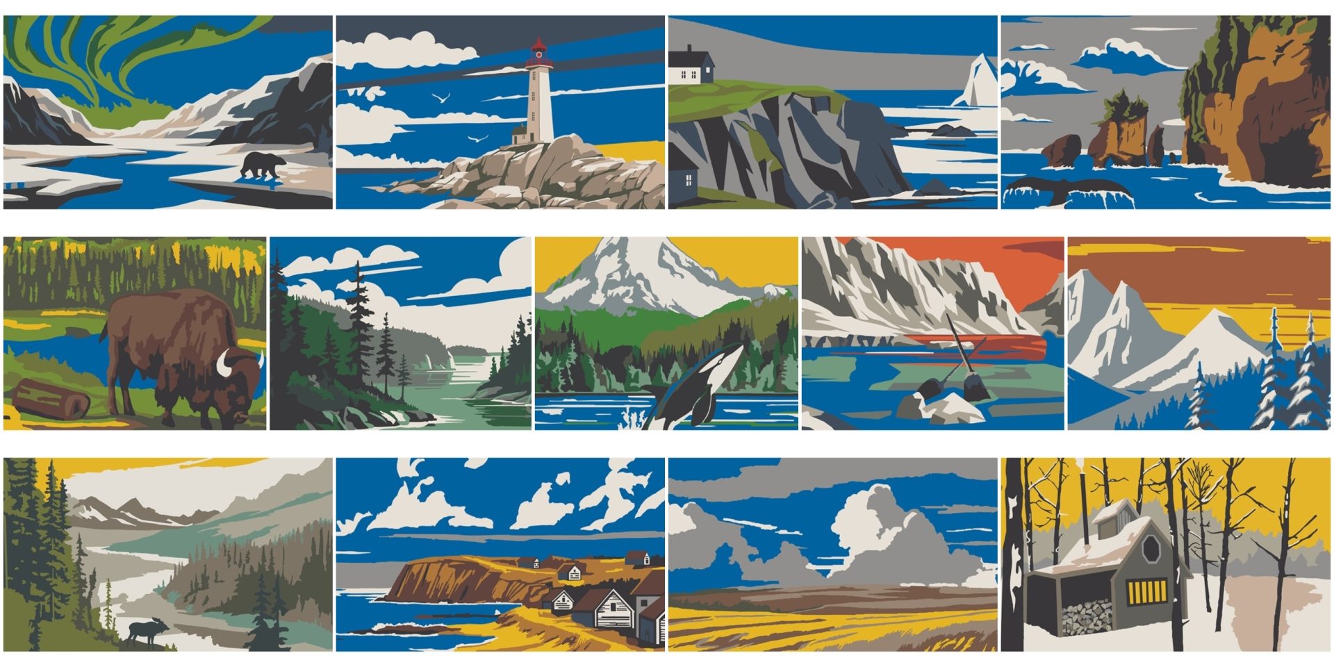 Canadiana Block mural artwork composed of 13 stylized, flat-colour illustrated panels arranged in three rows, each panel depicting a distinct Canadian landscape.