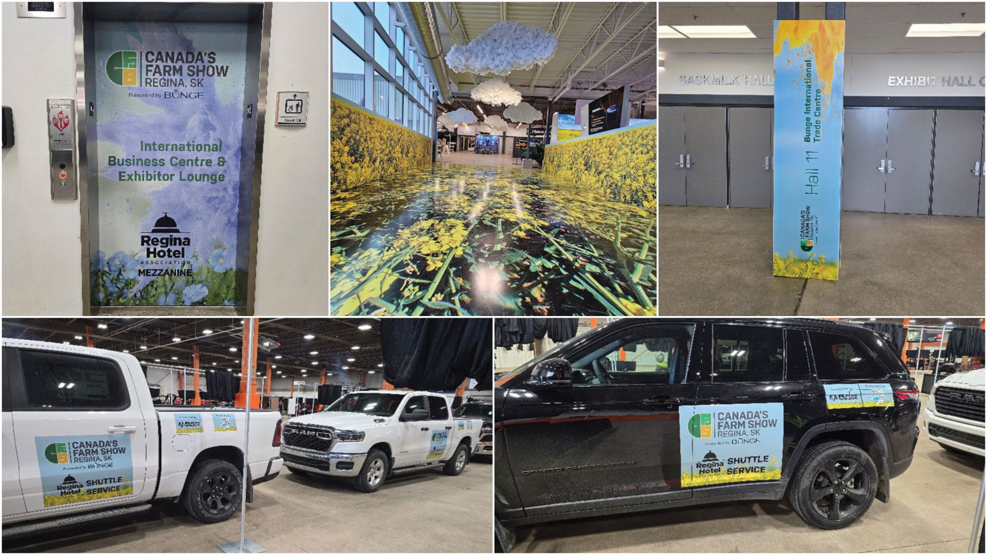 Collage of Canada's Farm Show branding: an elevator wrap for the Exhibitor Lounge, a canola-themed exhibit hall entrance with hanging clouds, a Hall 11 directory sign, and branded shuttle vehicles.