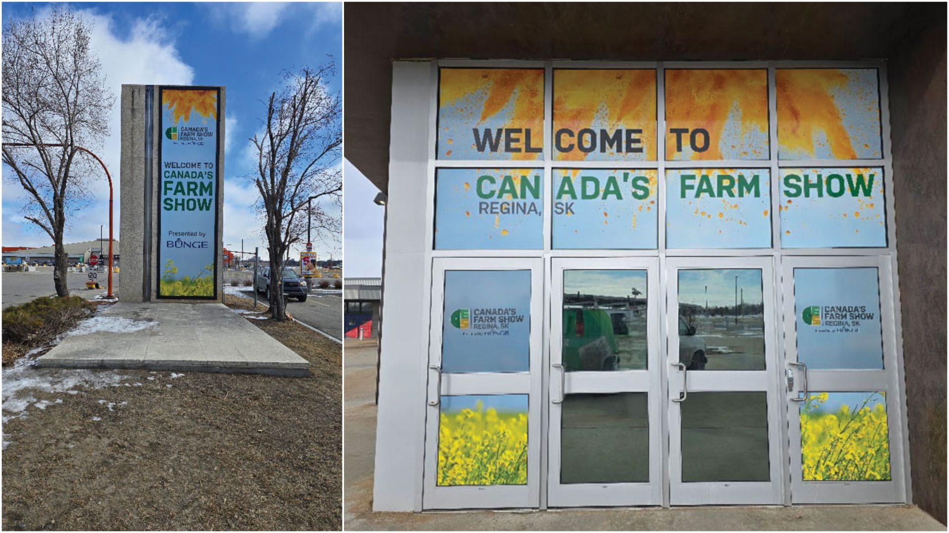 Split image of an outdoor pylon sign reading "Welcome to Canada's Farm Show, Regina, SK, Presented by Bunge," and glass entrance doors decorated with a sunflower and canola field welcome banner.