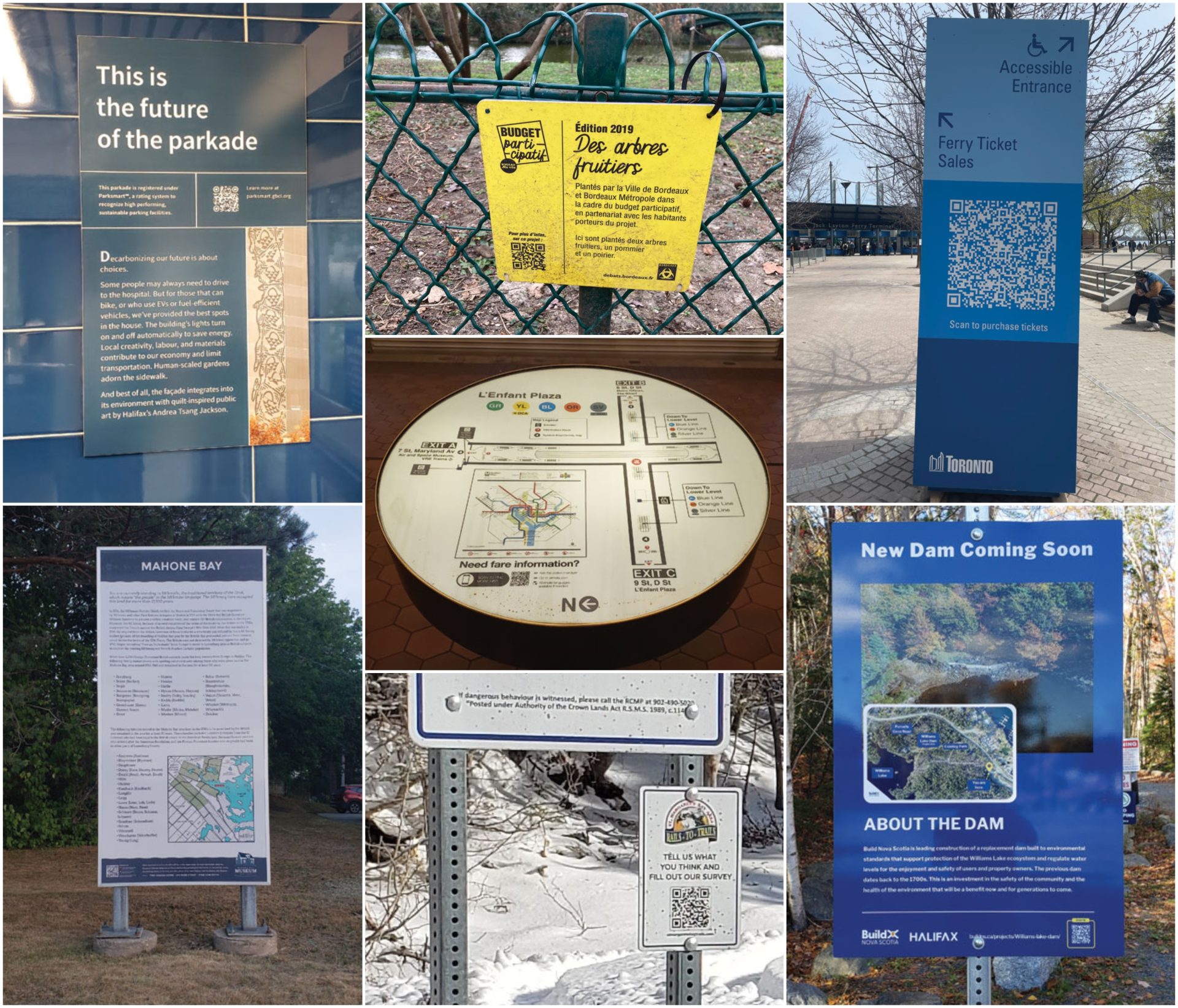 A grid of eight photos showing QR codes on real-world public signage — parking garage info, a tree-planting notice in French, a Toronto ferry ticket sign, a transit station fare map, a museum history panel, a dam construction notice, a trail survey sign, and a park sign.