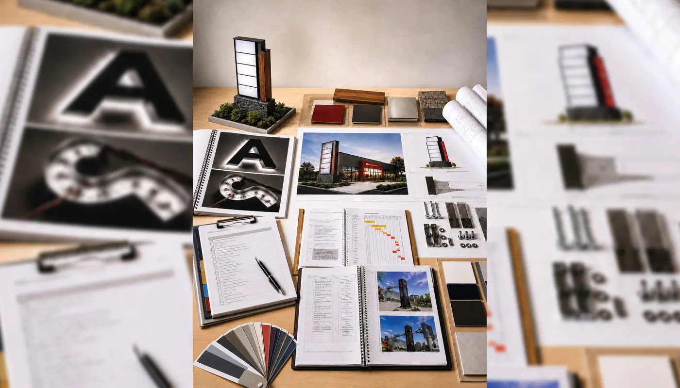 Design mockup flat lay showing a sign concept model, renderings, material swatches, hardware, and project binders on a table.