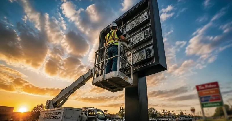 A man installing a sign.