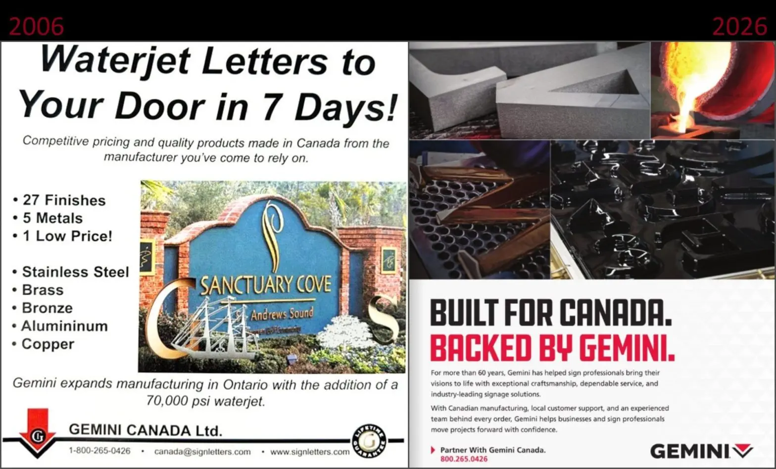 A side-by-side Gemini Canada advertisement comparison showing its 2006 print ad for waterjet letters and a modernized 2026 ad with high-resolution production images.