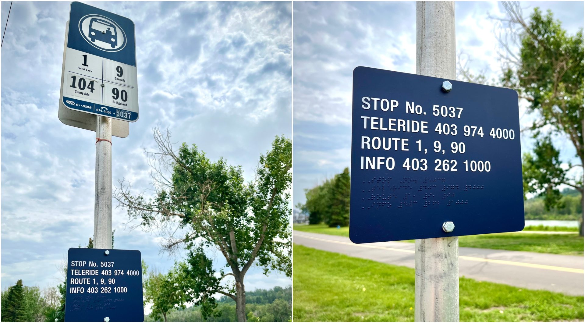 Blue Calgary Transit stop sign with raised white letters and Braille reading “Stop No. 5037, Teleride 403 974 4000, Route 1, 9, 90, Info 403 262 1000.”