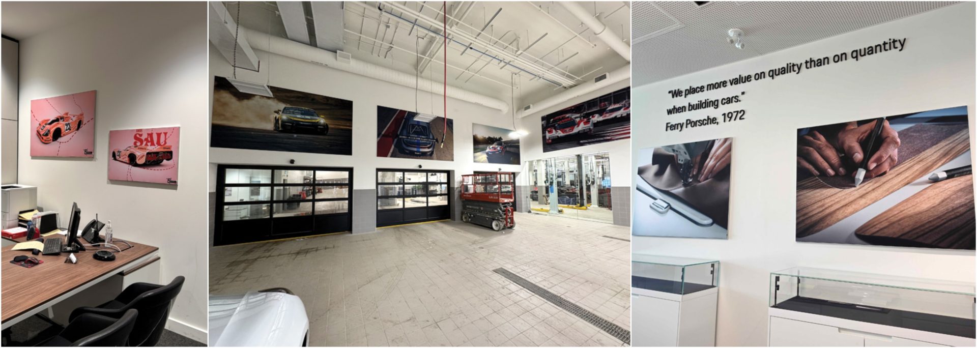 Three views of Porsche branded wall art and quote graphics, including racing prints, an office desk, and a service bay with large action photos.