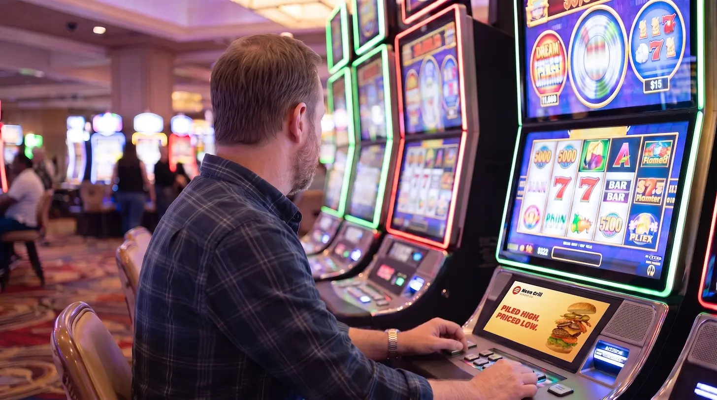 A man playing at a lit-up Las Vegas slot machine.