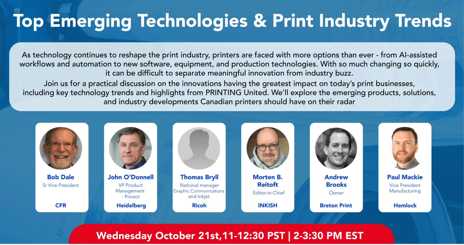 A poster with the information about the webinar, along with the speakers’ names and headshots.