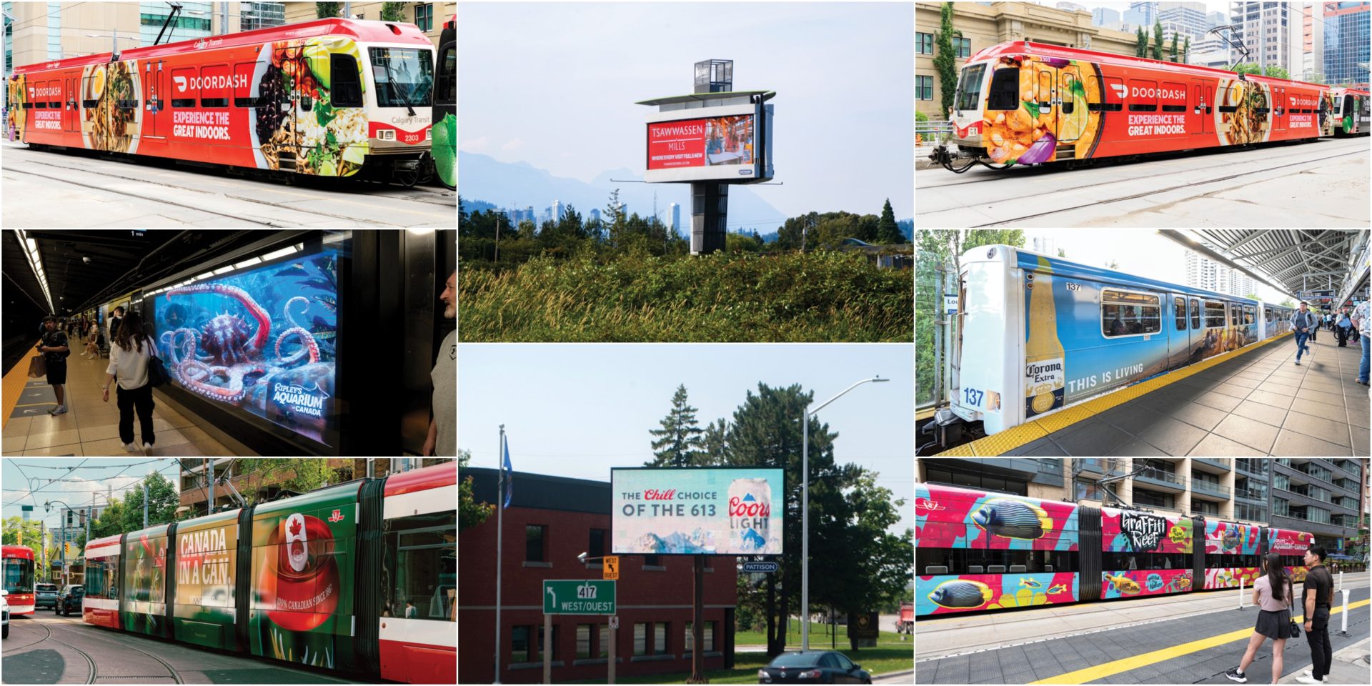 A collage of PATTISON Outdoor campaigns on various OOH solutions, from bus wraps to billboards and 3D displays.